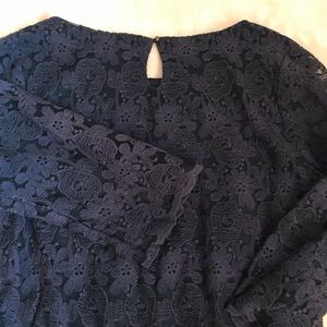 Lacy blue shift cocktail dress with 3/4 sleeves